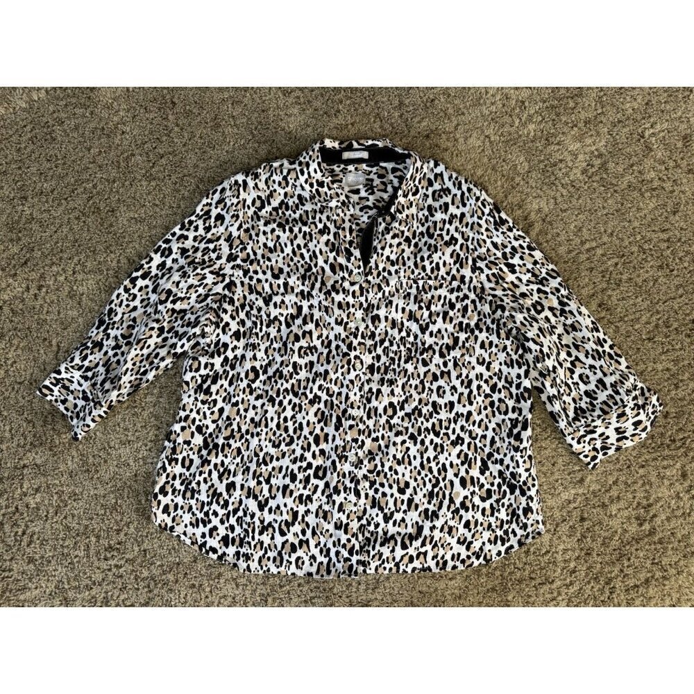 CHICOS Linen Cheetah Animal Print 3/4 Sleeve Button Down Shirt Top Sz 3 16/18